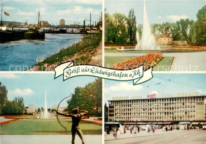 Ludwigshafen Rhein Frachter Rheinpartie Park Fontaene Bogenschuetze Hotel