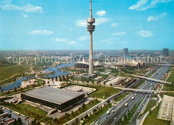 Muenchen Olympiapark Olympiaturm Schwimm und Sporthalle