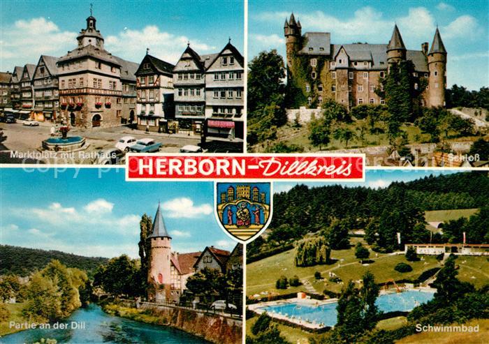 Herborn Hessen Marktplatz Rathaus Schloss Partie an der Dill Schwimmbad