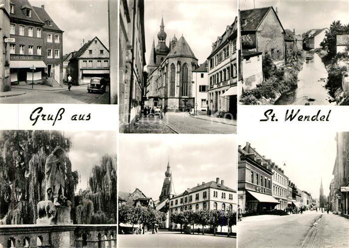 St Wendel Teilansichten Strassenpartie Kirche Bach Statue