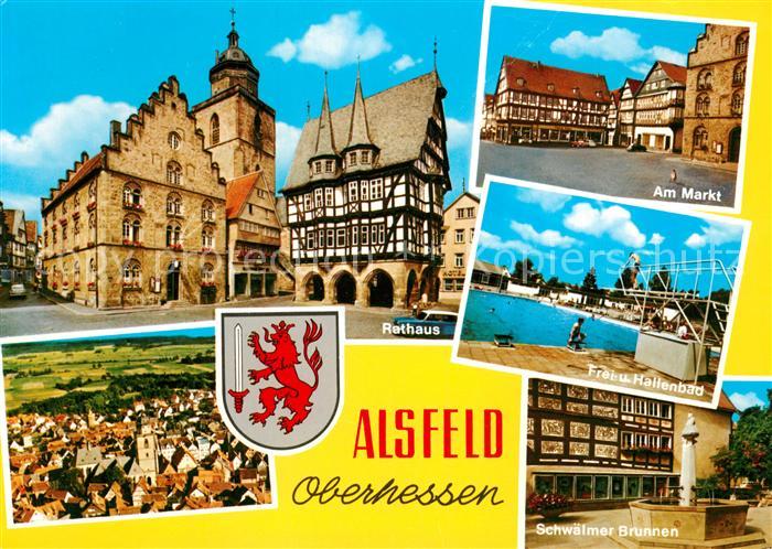 Alsfeld Rathaus Markt Fachwerkhaus Freibad Hallenbad Schwaelmer Brunnen Wappen F