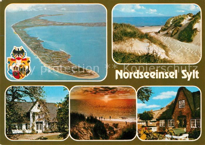 Insel Sylt Fliegeraufnahme Wappen Duenen Strand Friesenhaeuser Sonnenuntergang