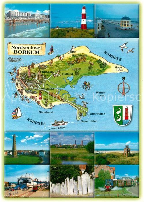 Borkum Badestrand Leuchtturm Musikpavillon Faehre Dampflokomotive Denkmal Landka