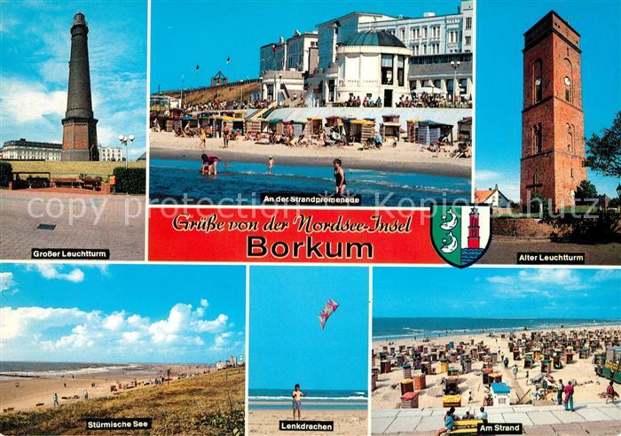 Borkum Leuchtturm Strand Promenade Stuermische See Drachenfliegen