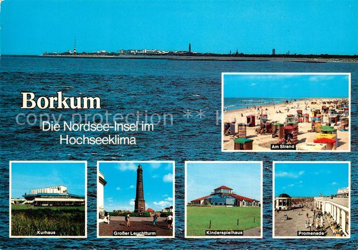 Borkum Ansicht vom Meer aus Strand Kurhaus Leuchtturm Kinderspielhaus Promenade