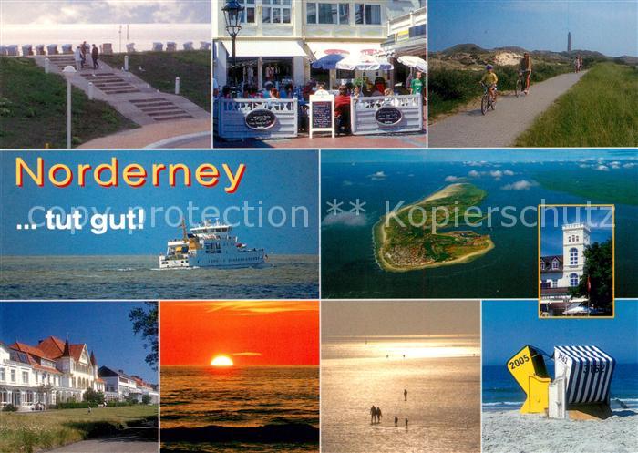 Norderney Nordseebad Promenade Treppe Faehre Sonnenuntergang Strassencafe Watten