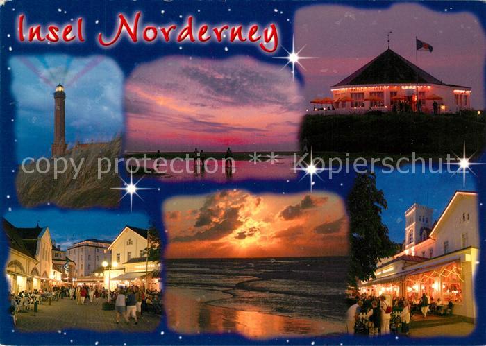 Norderney Nordseebad Leuchtturm Sonnenuntergang Gaststaette Strassenpartie