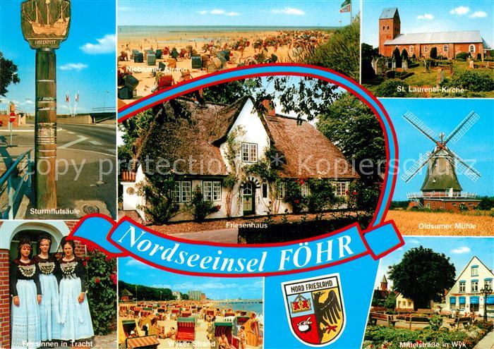 Insel Foehr Sturmflutsaeule Friesinnen in Tracht Strand Kirche Windmuehle Friese