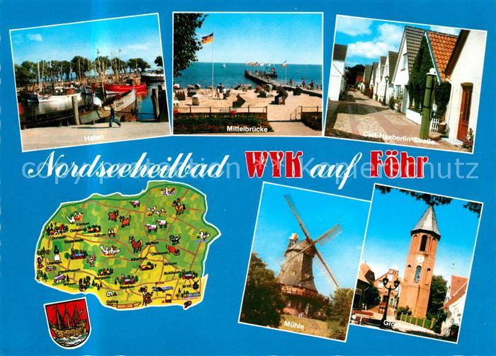 Wyk Foehr Hafen Mittelbruecke Strassenpartie Windmuehle Glockenturm Landkarte