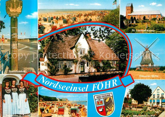 Insel Foehr Sturmflutsaeule Strand Friesinnen in Tracht Friesenhaus Kirche Windm