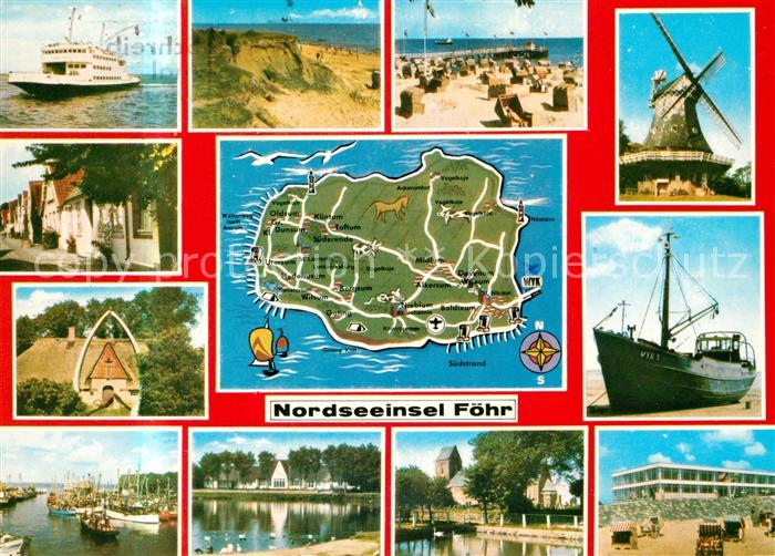 Insel Foehr Faehre Duenen Strand Windmuehle Friesenhaus Hafen Landkarte