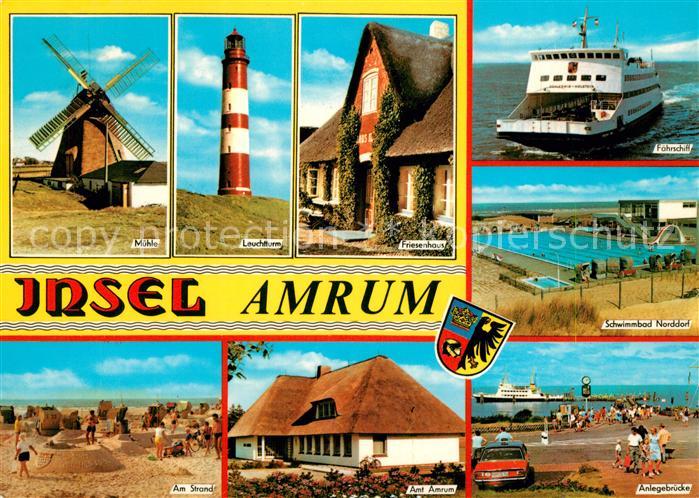Amrum Anlegebruecke Faehrschiff Leuchtturm Muehle Friesenhaus Strand