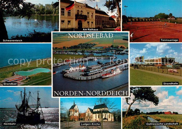Norddeich Ostfriesland Schwanenteich Rathaus Strandhalle Strandbad Fischerboot H