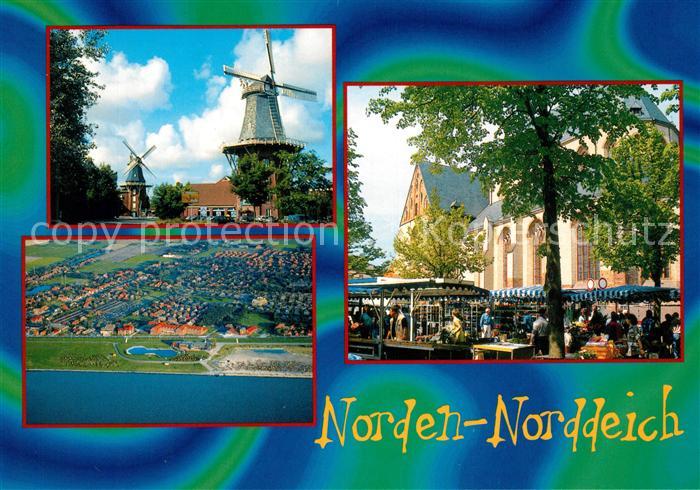 Norddeich Ostfriesland Windmuehlen Kirche Fliegeraufnahme