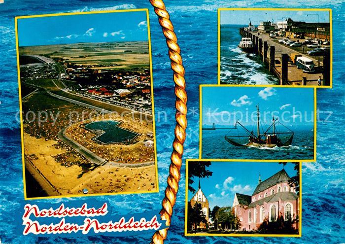 Norddeich Ostfriesland Fliegeraufnahme Kirche Fischerboot Hafen