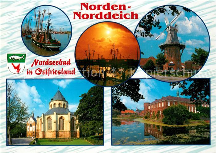 Norddeich Ostfriesland Windmuehle Kirche Abendstimmung Fischerboot