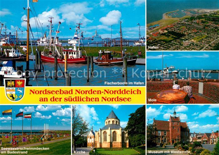 Norddeich Ostfriesland Fischerboote Hafen Mole Museum Seewasserschwimmbecken Kir