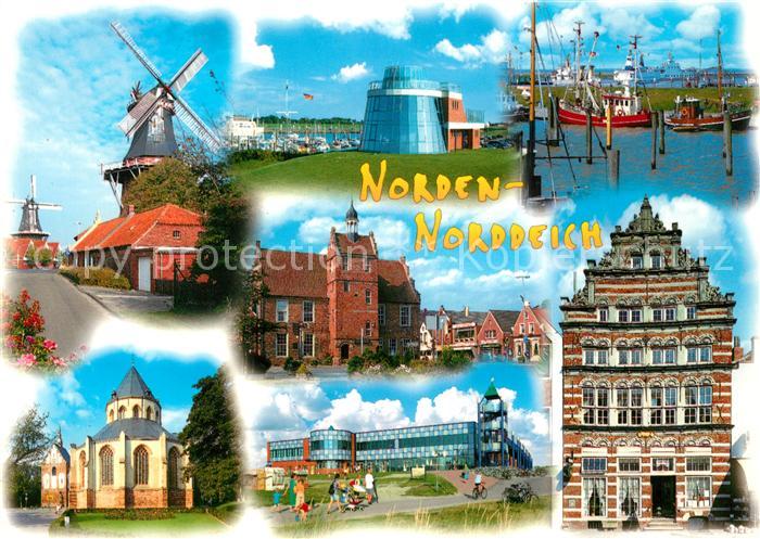 Norddeich Ostfriesland Windmuehle Hafen Rathaus Kirche