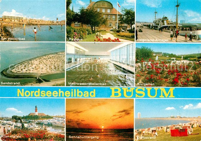 Buesum Nordseebad Wellenbach Rathaus Helgoland Anleger Sandstrand Sonnenuntergan