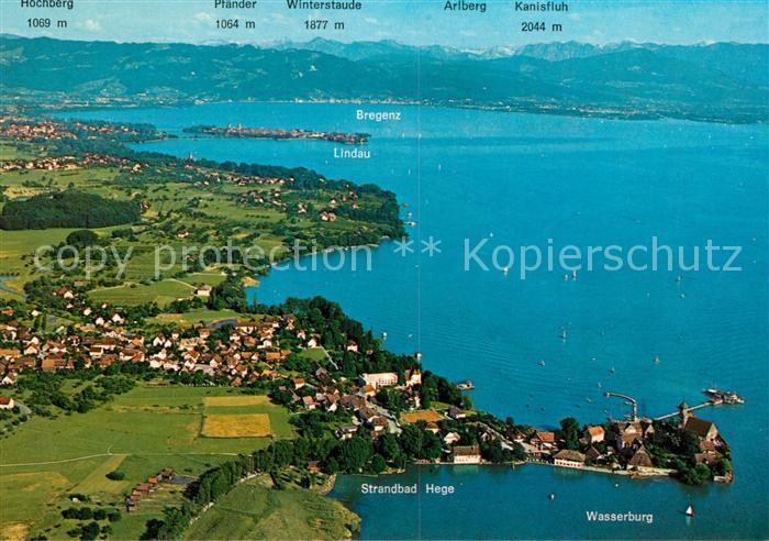 Wasserburg Bodensee Halbinsel mit Blick auf Lindau und Bregenzerwald Alpen Flieg