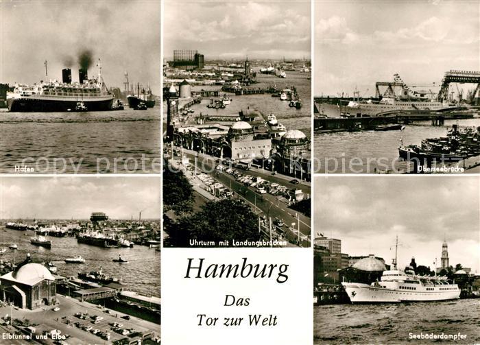Hamburg Hafen Elbtunnel Elbe Uhrturm Landungsbruecken ueberseebruecke Hafen Seeb