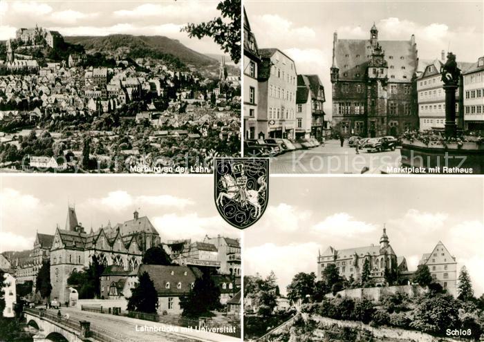 Marburg Lahn Stadtpanorama mit Schloss Marktplatz Brunnen Rathaus Lahnbruecke Un