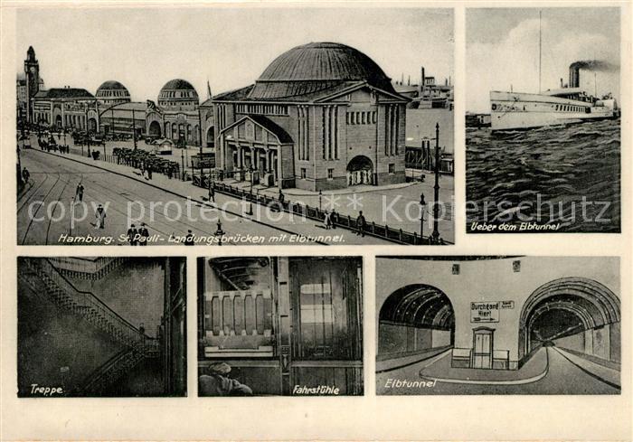 St Pauli Landungsbruecken mit Elbtunnel Dampfer Treppe Fahrstuehle