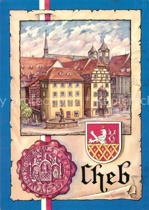 Cheb Eger Altstadt Platz Brunnen Wappen Siegel Kuenstlerkarte
