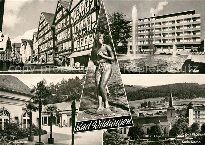 Bad Wildungen Brunnenstrasse Fachwerkhaeuser Wandelhalle Nymphe im Kurpark Sanat