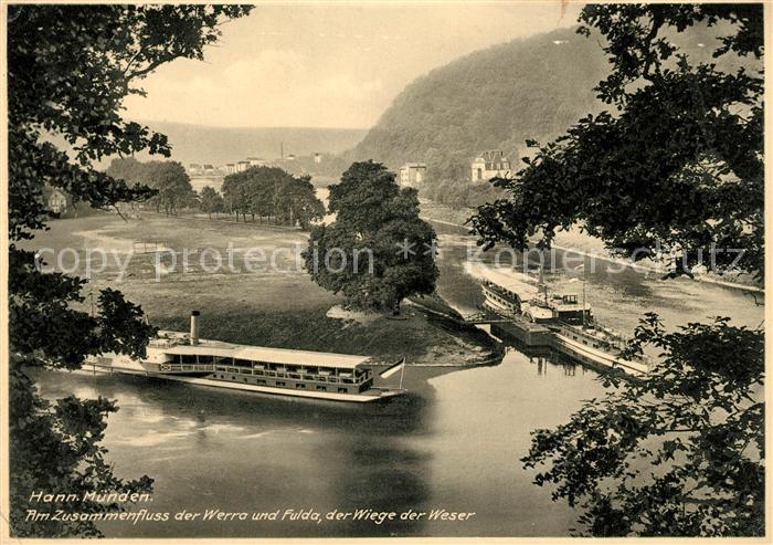 Hann. Muenden Zusammenfluss von Werra und Fulda zur Weser Weserstein Dampfer