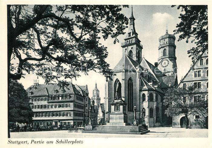 Stuttgart Partie am Schillerplatz Denkmal Kirche Kupfertiefdruck