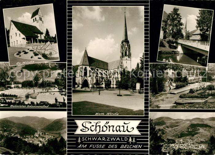 Schoenau Schwarzwald Kirche Schwimmbad Bruecke Minigolf Landschaftspanorama