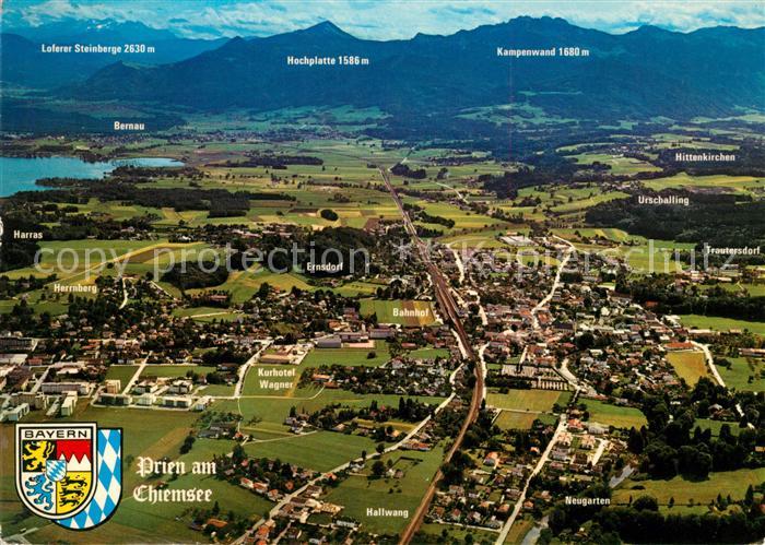 Prien Chiemsee Fliegeraufnahme mit Loferer Steinberge Hochplatte Kampenwand