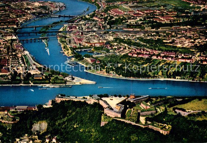 Koblenz Rhein Fliegeraufnahme mit Moselmuendung Deutsches Eck und Festung Ehrenb