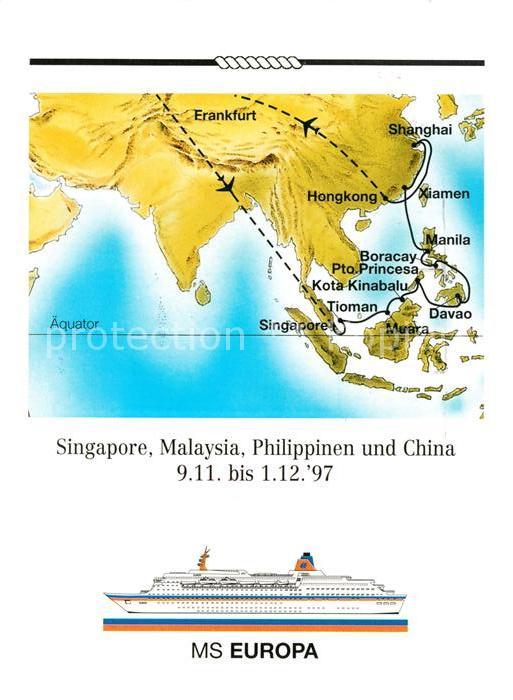Schiffe Ships Navires MS Europa Landkarte Frankfurt Hongkong Shanghai Singapore