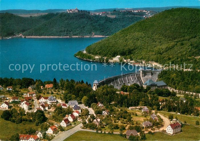 Hemfurth-Edersee Blick auf Sperrmauer und Schloss Waldeck Fliegeraufnahme