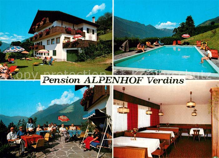 Verdins Pension Alpenhof Terrasse Gaststube Swimming Pool
