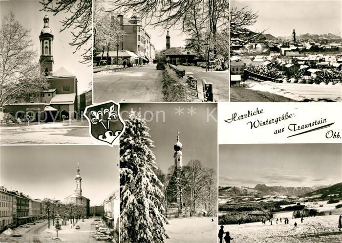 Traunstein Oberbayern Teilansichten mit Kirche Winterlandschaft Alpen