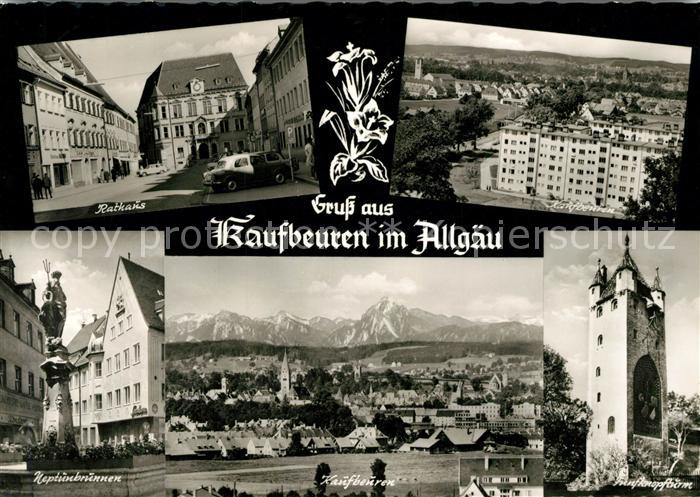 Kaufbeuren Rathaus Neptunbrunnen Fuenfknopfturm Stadtpanorama Alpen