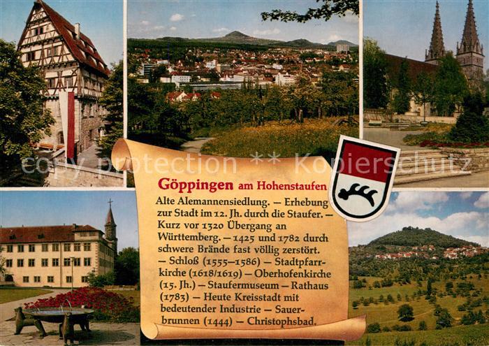 Goeppingen Stadtpanorama Hohenstaufen Fachwerkhaus Kirche Schloss Chronik Wappen