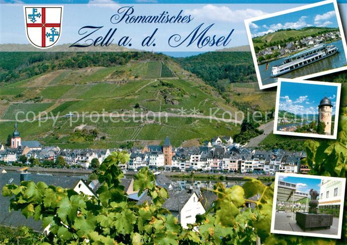 Zell Mosel Panorama Blick von den Weinbergen Ausflugsdampfer Turm Brunnen