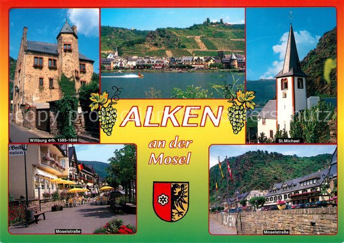 Alken Koblenz Wiltburg Moselstrasse Strassencafes St Michael Kirche Blick ueber