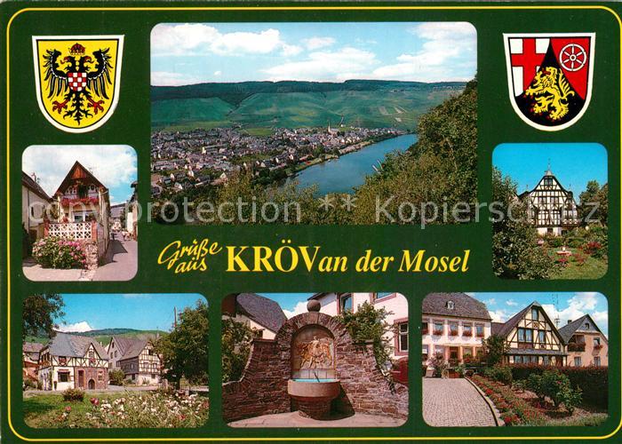 Kroev Mosel Panorama Moseltal Ortsmotive Fachwerkhaeuser Brunnen Wappen