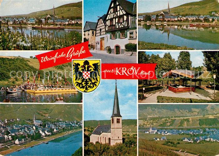 Kroev Mosel Uferpartie an der Mosel Weinberge Floss Ortspanorama Kirche Wappen