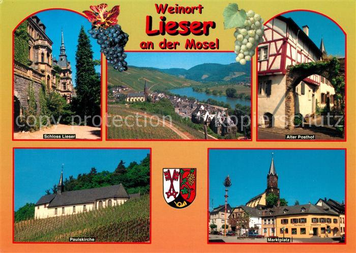 Lieser Schloss Alter Posthof Marktplatz Kirche Panorama Moseltal Weinberge