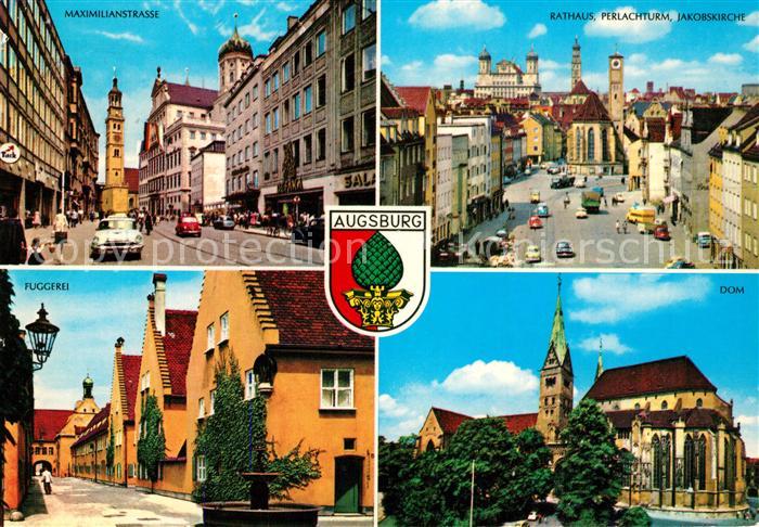 Augsburg Maximilianstrasse Rathaus Perlachturm Jakobskirche Fuggerei Dom Wappen