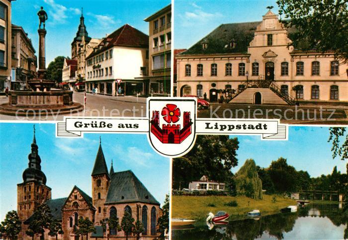 Lippstadt Brunnen Rathaus Kirche Partie am Fluss Wappen