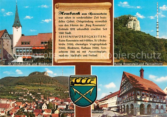 Heubach Wuerttemberg St Ulrichskirche Blockturm Ruine Rosenstein Fernsehturm Rat