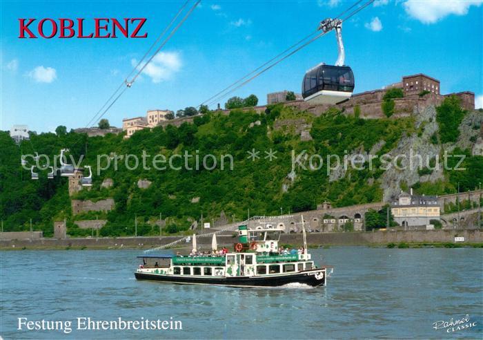 Koblenz Rhein Blick ueber den Rhein zur Festung Ehrenbreitstein Seilbahn Dampfer