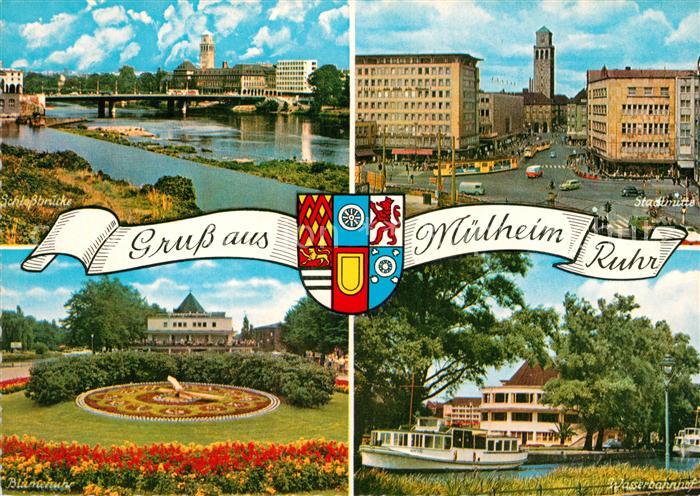 Muelheim Ruhr Schlossbruecke Stadtmitte Kirche Blumenuhr Wasserbahnhof Wappen